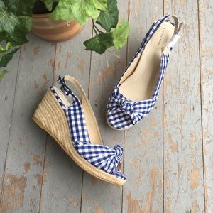 Lands End blue gingham wedge sandal